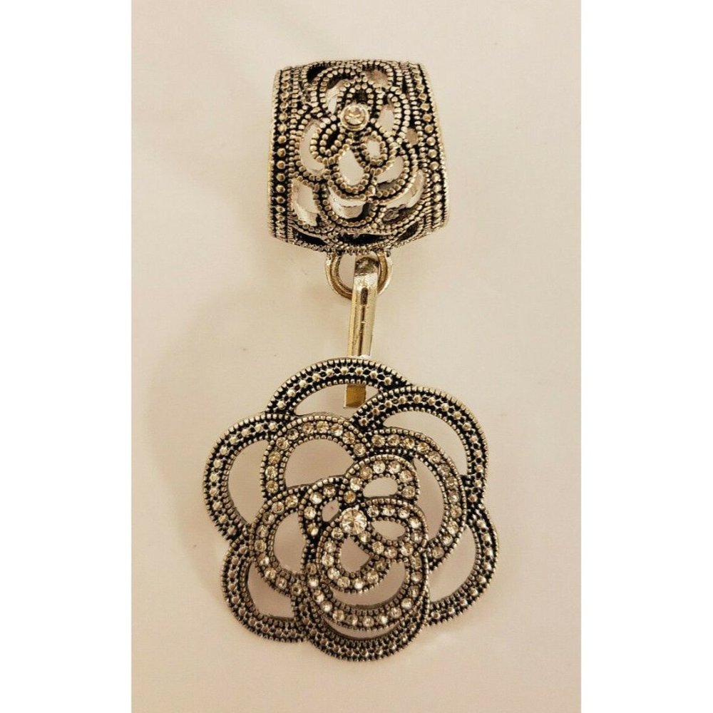 Jewelry Scarf ring with hanging Mandela, silver-tone w clear stones (J75)